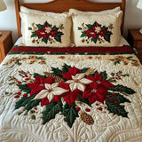 3-Piece Poinsettia Charm Quilted Bedding Set