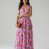 Nori | Halter Neck Ruched Bodice Floral Maxi Dress