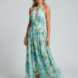 Portia | Pleated Halter Soft Floral Pattern Midi Dress