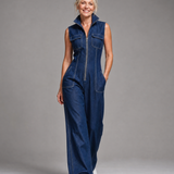 Samantha | Zip Front Sleeveless Denim Wide Leg Jumpsuit