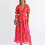 Willow | Floral V Neck Puff Sleeve Midi Dress