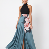 Olympas | Halter Bodice Floral Skirt Maxi Dress