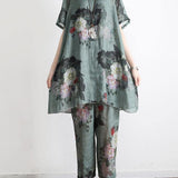 Green Linen Print Two-Piece Set