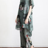Green Linen Print Two-Piece Set