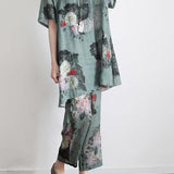 Green Linen Print Two-Piece Set