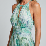 Portia | Pleated Halter Soft Floral Pattern Midi Dress