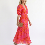 Willow | Floral V Neck Puff Sleeve Midi Dress