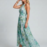 Portia | Pleated Halter Soft Floral Pattern Midi Dress