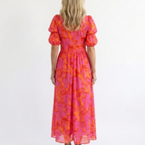 Willow | Floral V Neck Puff Sleeve Midi Dress