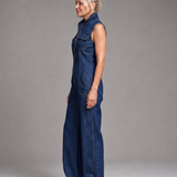 Samantha | Zip Front Sleeveless Denim Wide Leg Jumpsuit