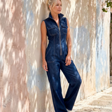 Samantha | Zip Front Sleeveless Denim Wide Leg Jumpsuit