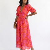 Willow | Floral V Neck Puff Sleeve Midi Dress