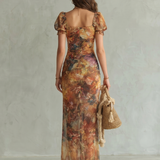 Ciel | Ruffled Sleeve Ruched Slit Midi Dress