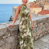 Olivia | Gathered Waist Abstract Print Midi Dress