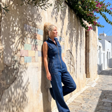 Samantha | Zip Front Sleeveless Denim Wide Leg Jumpsuit