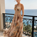 Elavenue | Halter Neck Lace Waist Maxi Dress