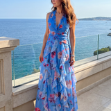 Nori | Halter Neck Ruched Bodice Floral Maxi Dress