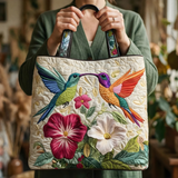 Colorful Hummingbird Garden Bliss | Handmade Quilted Tote
