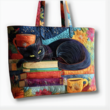 Cozy Black Cat Books & Coffee | Handmade Quilted Tote