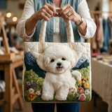 Cute White Puppy Garden | Handmade Quilted Tote