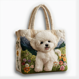 Cute White Puppy Garden | Handmade Quilted Tote