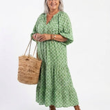 Apolline | Three Quarter Sleeve V Neck Patterned Midi Dress