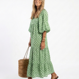 Apolline | Three Quarter Sleeve V Neck Patterned Midi Dress