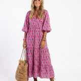 Apolline | Three Quarter Sleeve V Neck Patterned Midi Dress