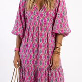 Apolline | Three Quarter Sleeve V Neck Patterned Midi Dress