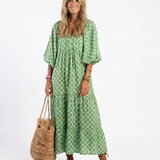 Apolline | Three Quarter Sleeve V Neck Patterned Midi Dress