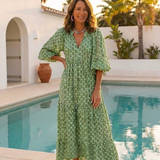 Apolline | Three Quarter Sleeve V Neck Patterned Midi Dress