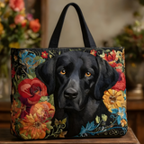 Elegant Black Labrador Floral Art | Handmade Quilted Tote