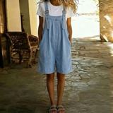 Isabel - Short Denim Jumpsuit with Soft Cotton Feel and Vintage Wash Light Blue