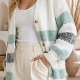 Colette Striped Fluffy Knit Cardigan — Mint